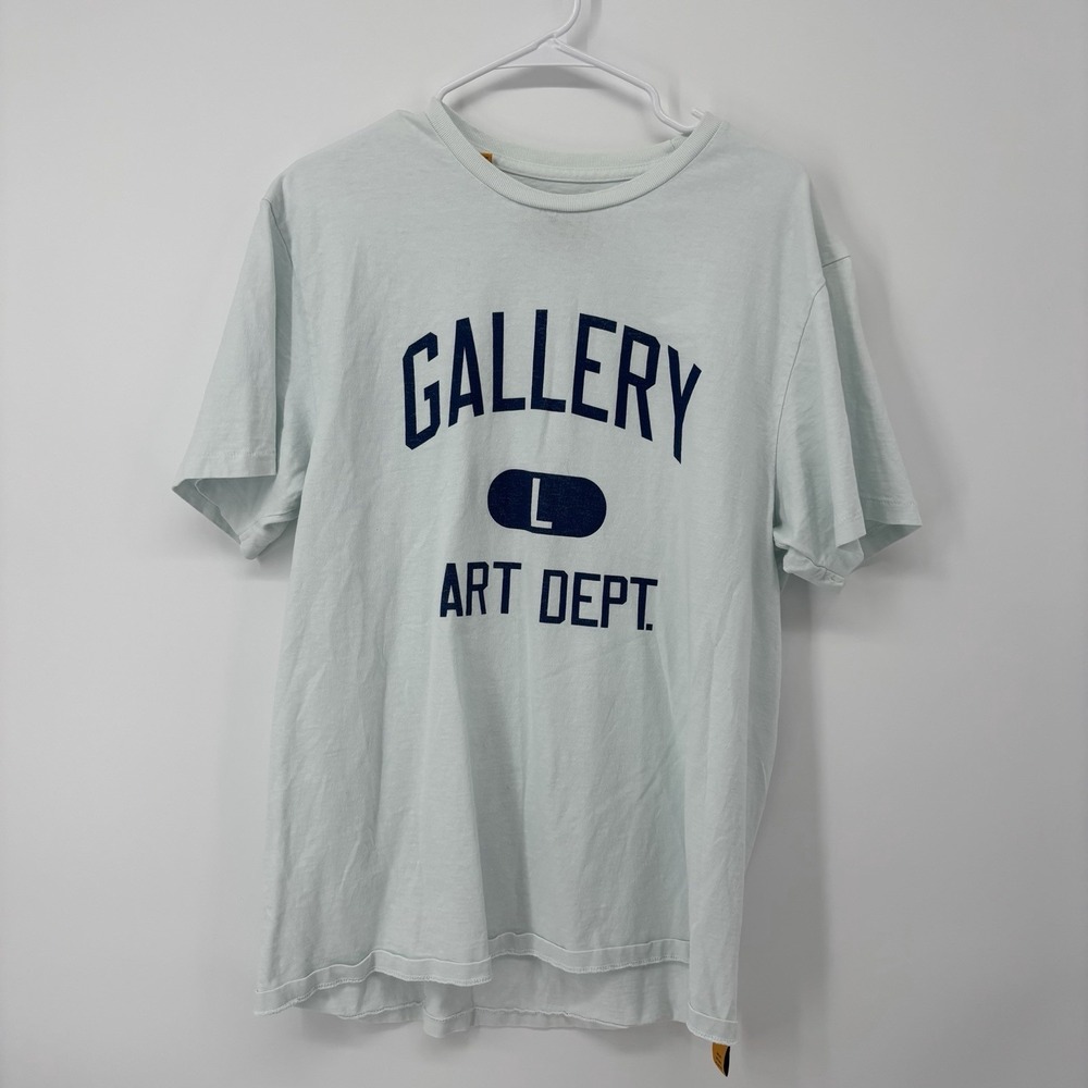 Gallery Dept. T Shirt Men Large Light Blue Script Art Short Sleeve Tee USA Made